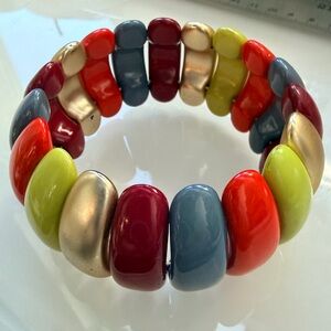 90’s Avon Vibrant Beaded Lucite Stretch Bracelet with Red, Gold, and Green 7.5